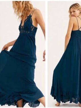 Free People Deep Teal Lace-Trim Spaghetti-Strap Maxi Dress